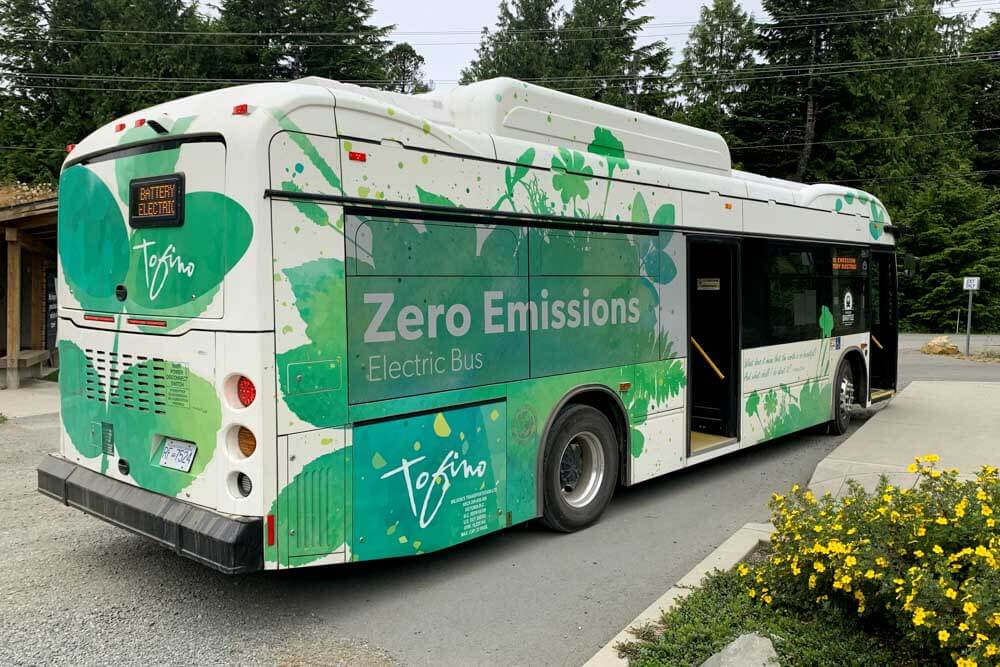 Green and white 'Zero Emissions' electric bus