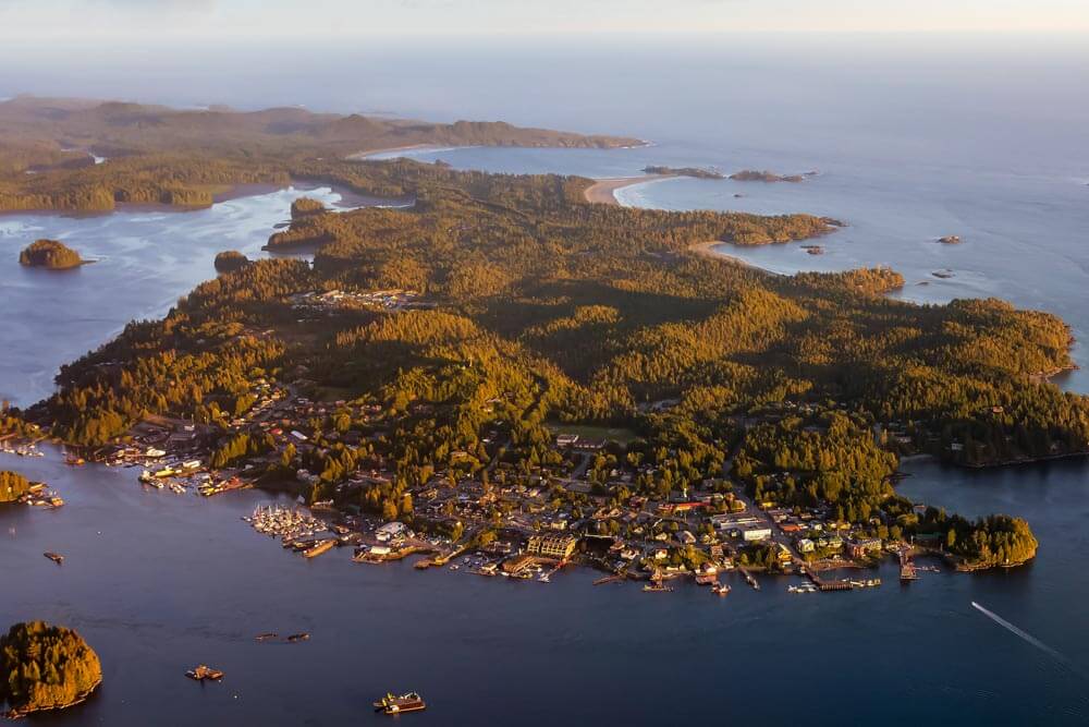 Aerial photo of Tofino on a summer evening
