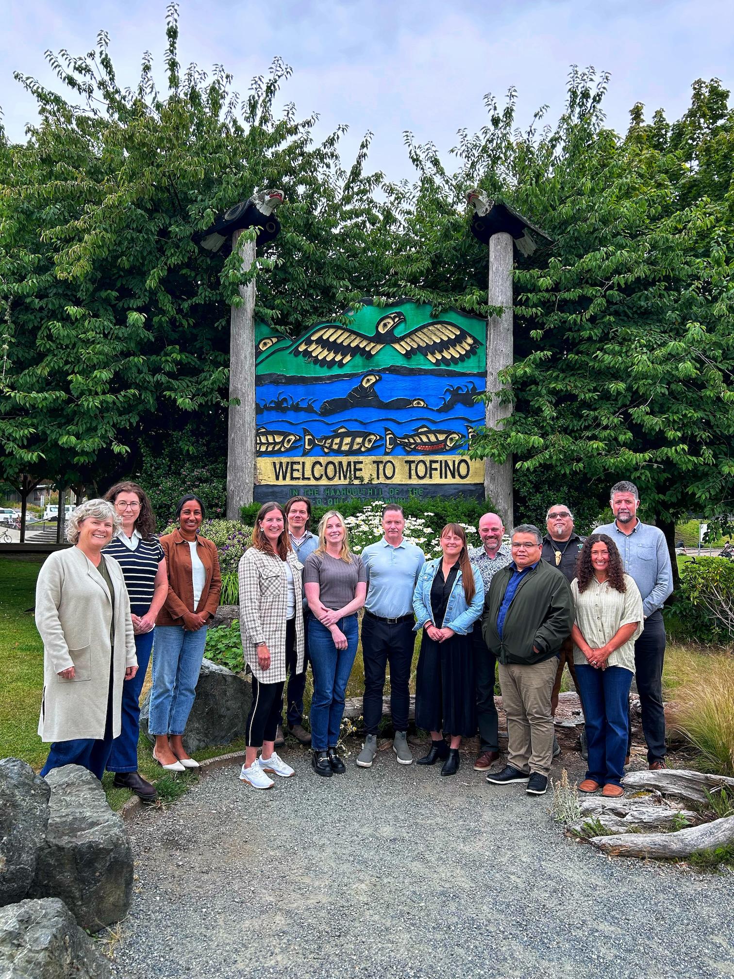 Representatives from the District of Tofino, Tla-o-qui-aht First Nation, Tourism Tofino, and the Tofino Chamber of Commerce meet with provincial ministers Brittny Anderson and Josie Osborne in Tofino.